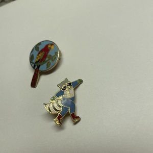 Lot of 2 Enamel Brooch Pins - Parrot Bird / Skating Raccoon